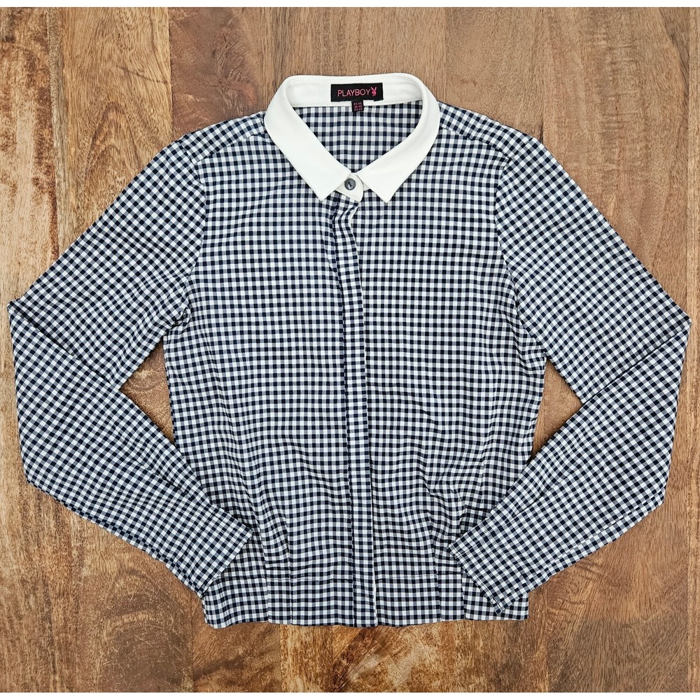 Playboy Brand Gingham Button Down Shirt Women XS White Blue Checkered Pleats Top
